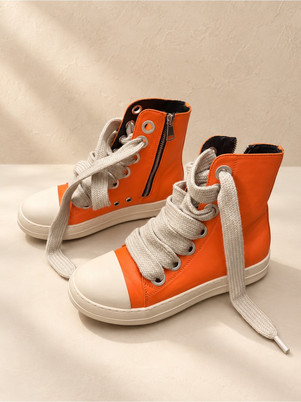 Women's Lace-Up High-Top Boots in Bright Orange with Cream Accents